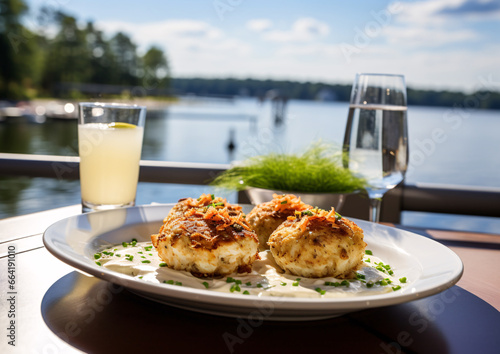 crab cakes served simply in a fine setting along a waterside photo