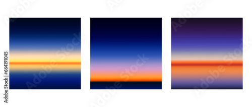 Early sunrise or late sunset colorful gradients background set. Smooth blurred wallpaper set in pink, blue, purple colors. Abstract night or evening sky horizon backdrop. Vector illustration