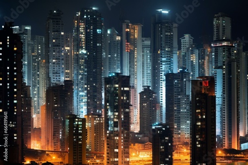 Tall building cluster illuminated in Chongqing at night. Generative AI photo