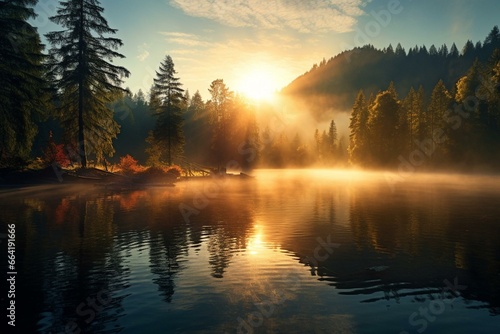 Stunning lake with morning sunlight. Generative AI © Amelia