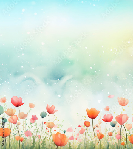 Cheerful springtime watercolor flowers background with copyspace at top