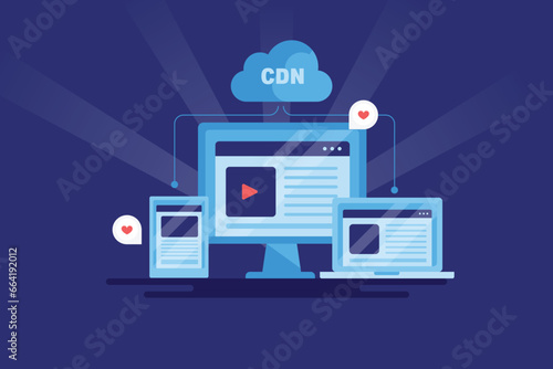 Content delivery network integrated with cloud computing technology, vector illustration web banner template.