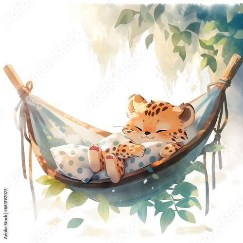 A sleepy baby leopard in a hammock. watercolor illustration. © Anny