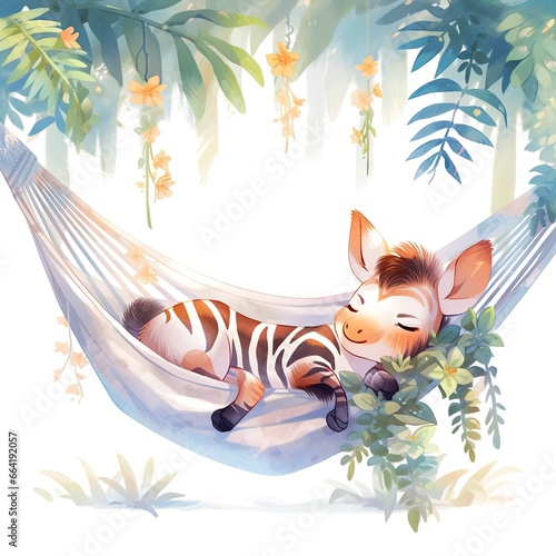 A sleepy baby zebra in a hammock. watercolor illustrations.