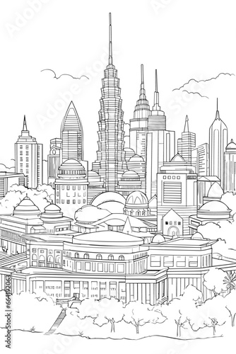Malaysia Kuala Lumpur cityscape black and white coloring page book for adults. Asian megapolis skyline, buildings, street, landmarks vector outline sketch for anti stress