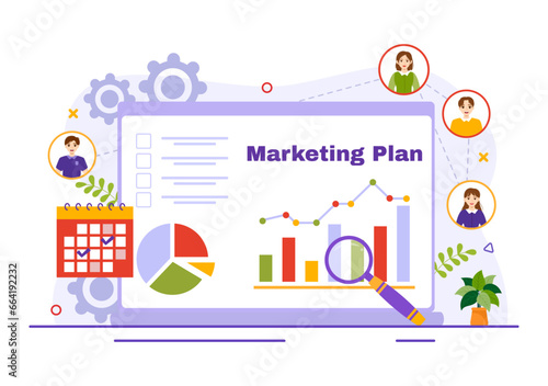 Marketing Plan and Business Strategy Vector Illustration with Effective Time Planning and Budget Growth in Target Flat Cartoon Background Design