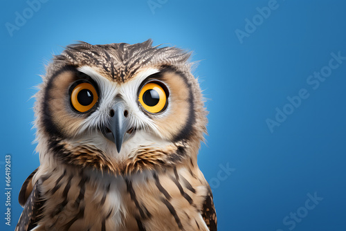  cute owl, isolated on blue background.