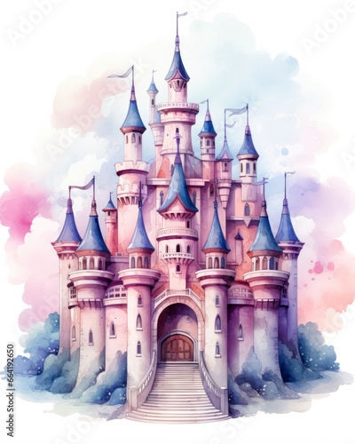 Colorful watercolor kawaii castle isolated on white background. © Anny