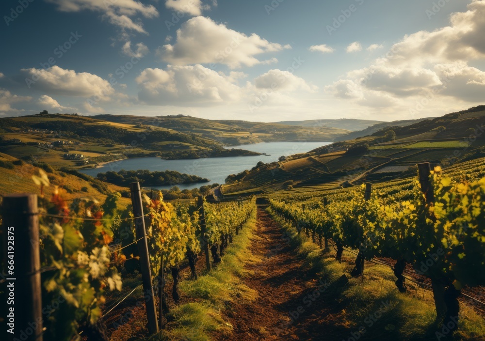Naklejka premium Ripe grapes in vineyard at sunset, Tuscany, Italy.Charming Vineyards in the Morning Sun Charming Vineyards Bathed in the Warm Light of the Morning Sun