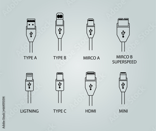 Usb cables icons set. USB type A, B, C , HDMI, Mini, Micro, Lightning, connectors. Vector.