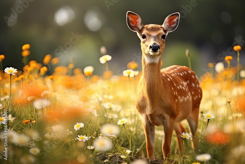 Fotografie, Obraz Female roe deer with beautiful flower.