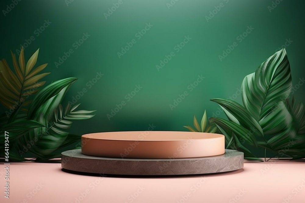 Podium with tropical leaf. Ideal for product presentation. Creative mock up. Pedestal for beauty products. Generative AI