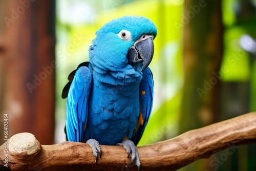 An adorable blue arara with a sweet smile, looking delicate and slender. Generative AI photo