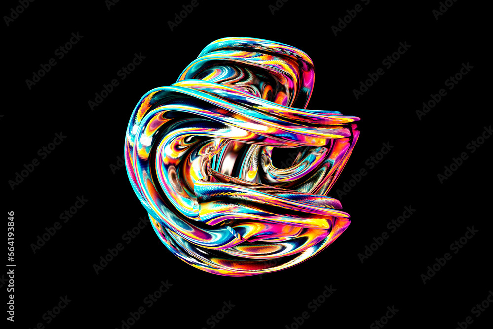3d render, Abstract smooth shape holographic chromefile colors on black background