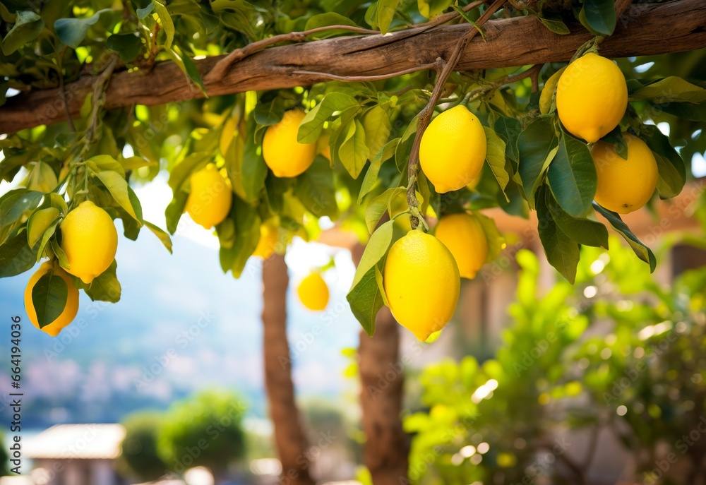 Lemons growing in a sunny garden on Amalfi coast in Italy. Lemons growing in a sunny garden on Amalfi coast in Italy.