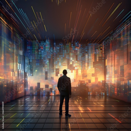 A stock market analyst analyzes market data against a vibrant 3D digital backdrop with striking colors and intricate patterns.