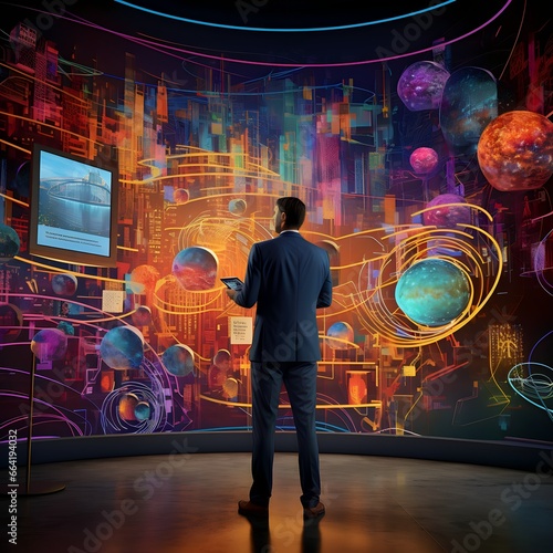 A trader assesses market trends on a dynamic 3D digital backdrop with eye-catching colors and detailed patterns. 
