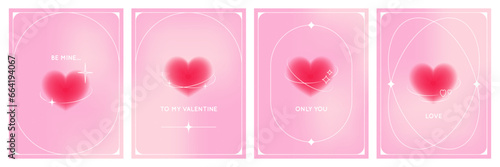 Set of y2k gradient poster with aura red heart shape, frame and dust noise texture. Valentine’s Day concept. Retro aesthetic vector banner.