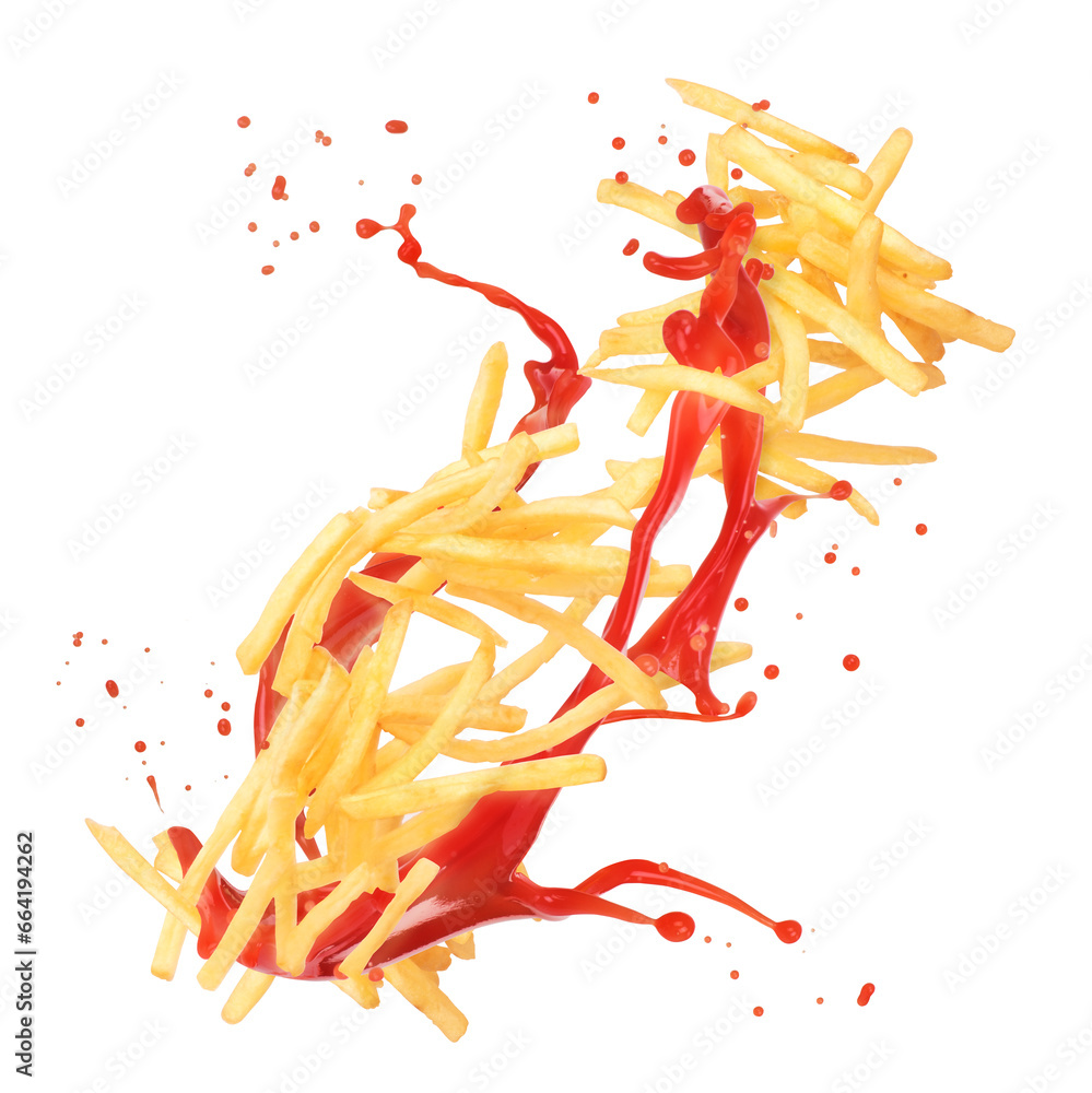 Splash of ketchup and french fries on white isolated background - obrazy, fototapety, plakaty 