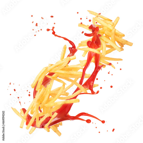 Splash of ketchup and french fries on white isolated background photo