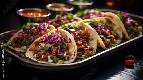 Tacos with savory fillings served on a wooden tray, Mid-angle Shot, created with Generative AI