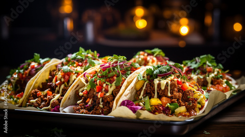Tacos with savory fillings served on a wooden tray, Mid-angle Shot, created with Generative AI