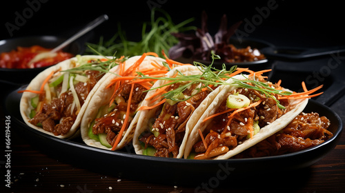 Korean BBQ tacos with kimchi slaw on the wooden plate, Close-up Shot, created with Generative AI photo