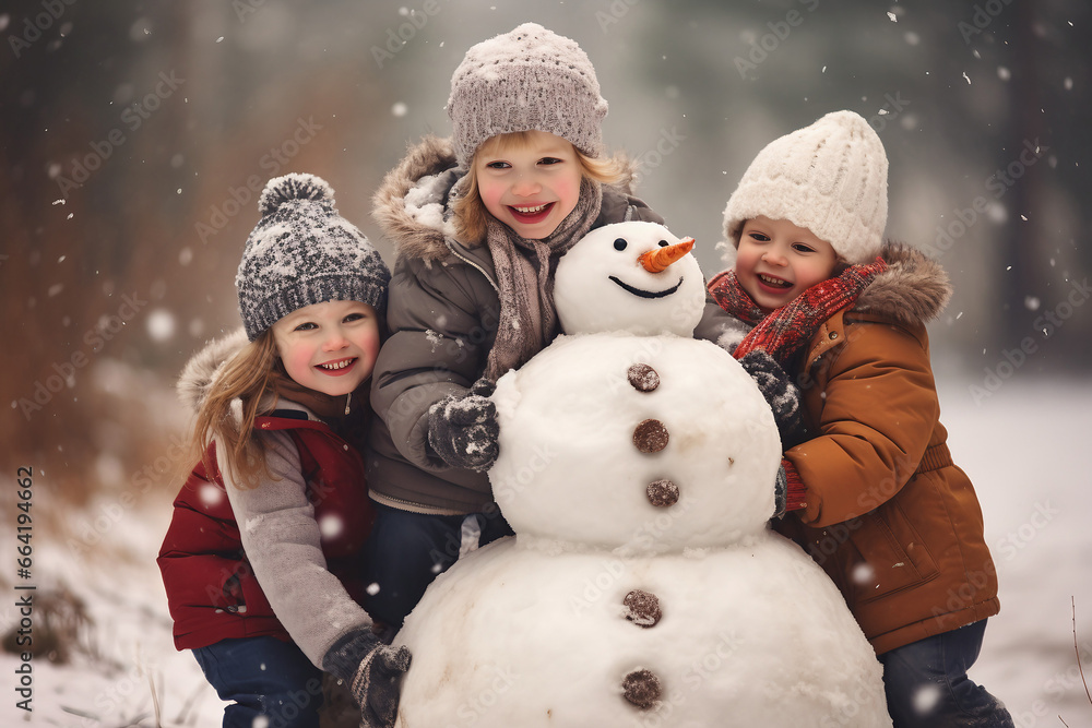 눈내리는 겨울 눈사람과 아이들, 겨울 아이들