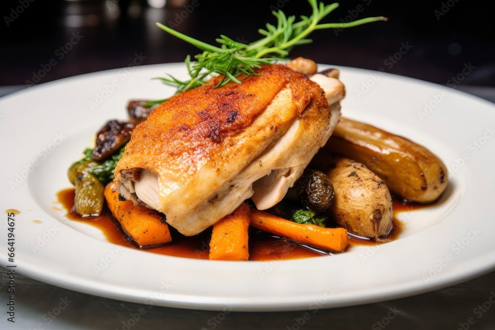 Plated chicken roast dinner on a white plate with carrot and morel mushroom. Plated chicken roast dinner on a white plate with carrot and morel mushroom.