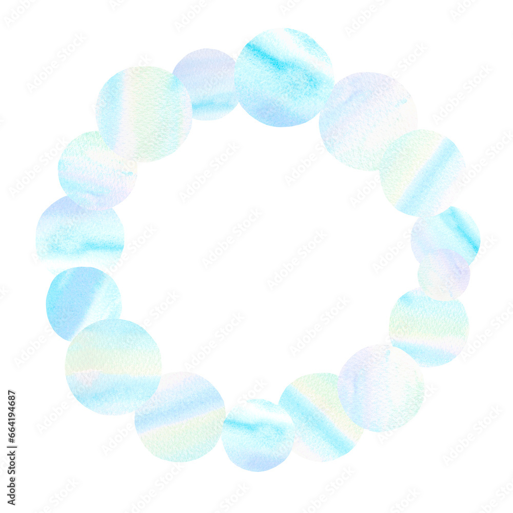 水彩で描いた丸で形作った円形フレーム。さわやかで透明感のある背景イラスト。