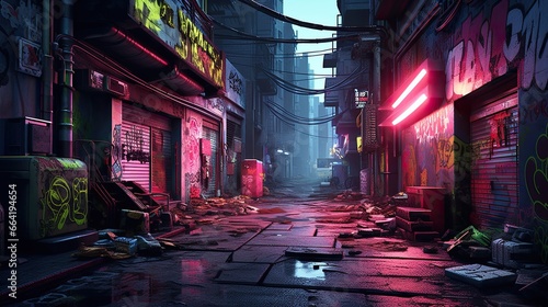 Street in cyberpunk city, alley with neon light and graffiti