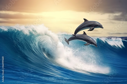 Playful dolphins jumping over breaking waves. Hawaii Pacific Ocean wildlife scenery. © Anny