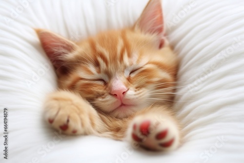 Red kitten, cat sleeping cute on white fur.