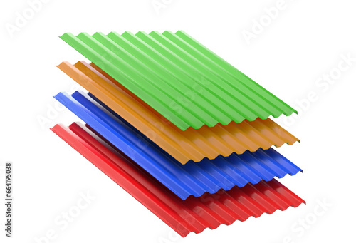 3D illustration of the stack or group of stacked color metal steel profile sheets for roof and roofing construction industry isolated on white background