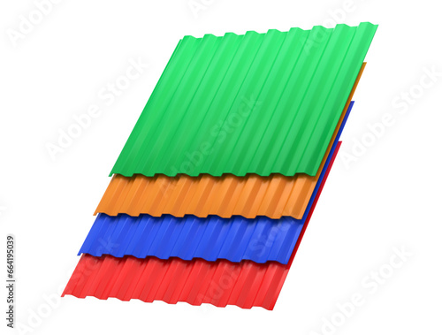 3D illustration of the stack or group of stacked color metal steel profile sheets for roof and roofing construction industry isolated on white background