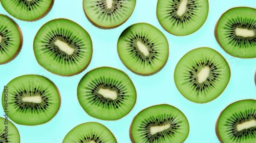 Slices of kiwi fruit and green mint leaves on a light pastel blue background. © Anny