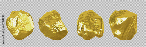 3D illustration Golden stones set isolated close up, gold nuggets collection, yellow metal rocks samples texture, gold mine, gold ore, group of shiny golden lumps, rough natural mineral gold chunk