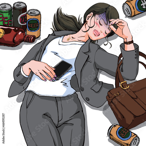 泥酔して気分の悪そうなパンツスーツ姿の若い女性