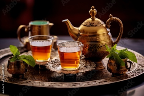 Traditional Moroccan tea set with decorative teapots, glasses, and mint leaves. © Anny