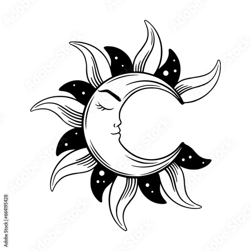 Tarot crescent moon sketch. Aesthetic tarot moon with face. Vector illustration isolated in white background