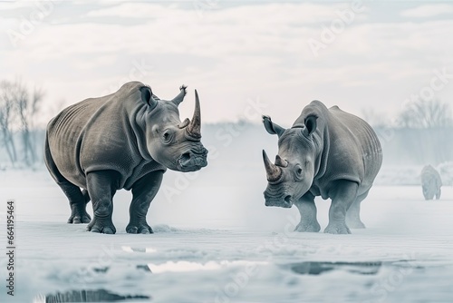 Two Rhinoceros getting ready for fight on Ice. © Anny