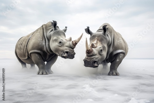 Two Rhinoceros getting ready for fight on Ice.