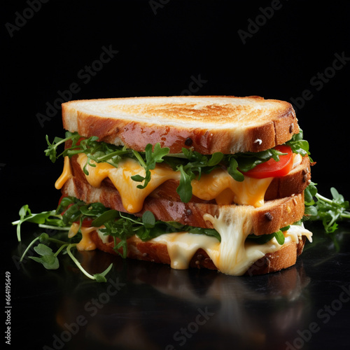 sandwich with ham and vegetables on the black background 