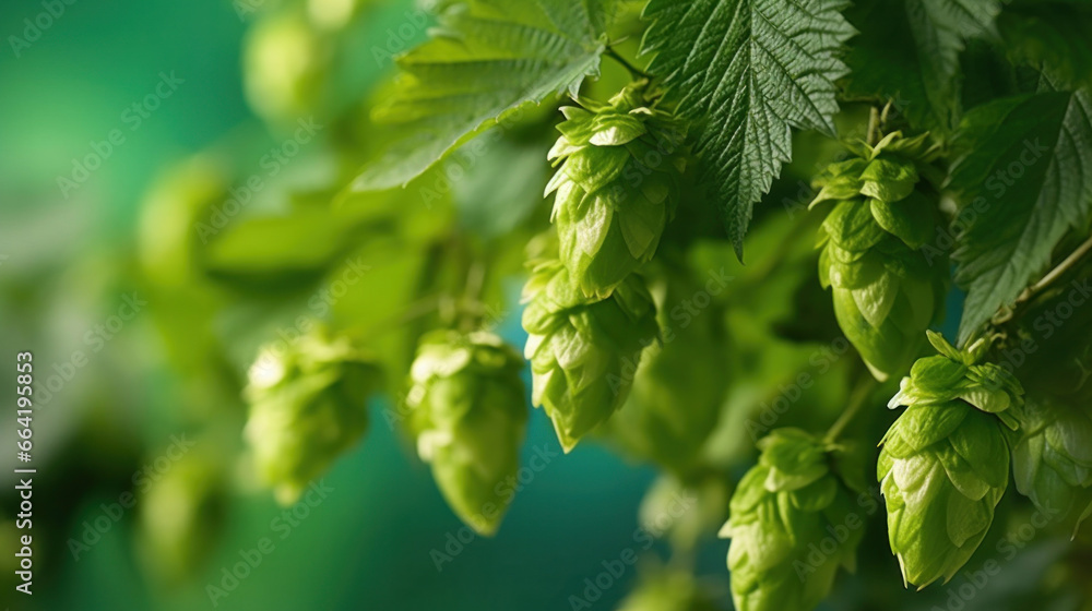 Green fresh hop cones for making beer, bokeh background Green fresh hop cones for making beer, bokeh background
