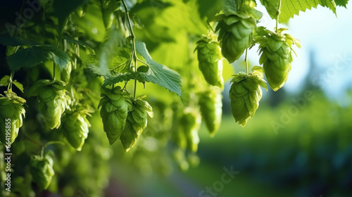 Green hop cones in the hops farm ripe for the harvesting in farm.