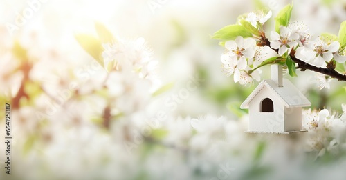 Toy house and cherry flowers, spring abstract natural background.