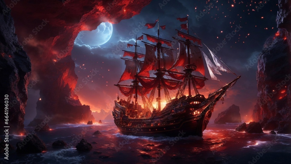 high quality, 8K Ultra HD, high detailed, Crimson Magma Pirate Expedition, Embark on a breathtaking 8K photorealistic wallpaper, where a majestic pirate ship sets sail above the fiery crimson  - obrazy, fototapety, plakaty 