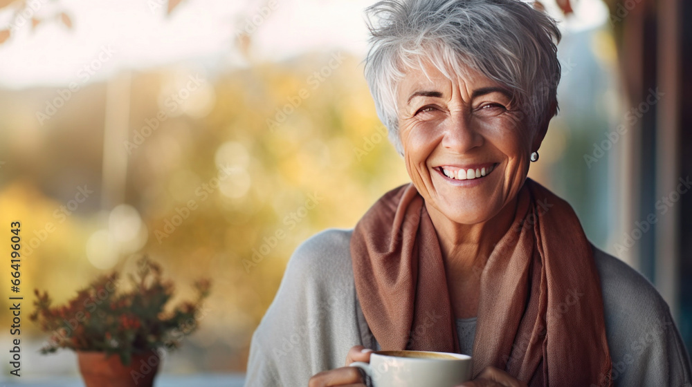 A joyful senior woman enjoying a cup of coffee at home and laughing in an autumn day. A joyful senior woman enjoying a cup of coffee at home and laughing in an autumn day.