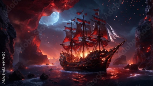 high quality, 8K Ultra HD, high detailed, Crimson Magma Pirate Expedition, Embark on a breathtaking 8K photorealistic wallpaper, where a majestic pirate ship sets sail above the fiery crimson 