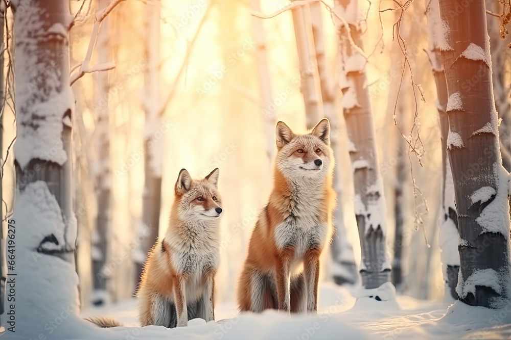 Naklejka premium Two foxes in winter forest